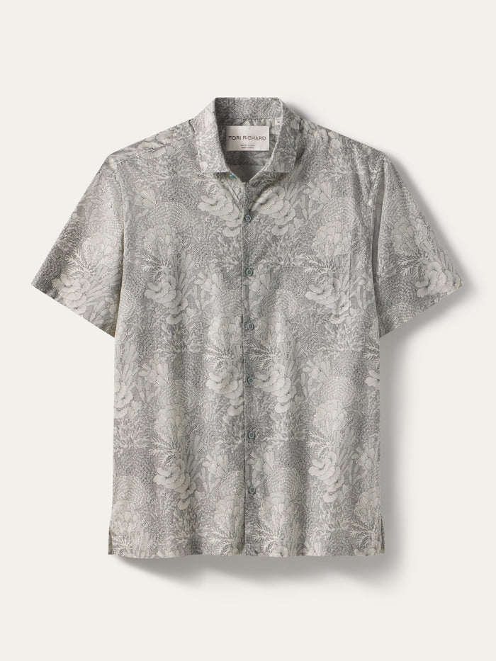 Gray subtle floral-patterned short-sleeve button-up shirt, front view.
