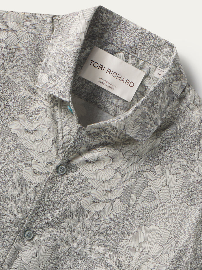Gray floral cotton lawn shirt, lightweight, with front buttons and visible Tori Richard label .