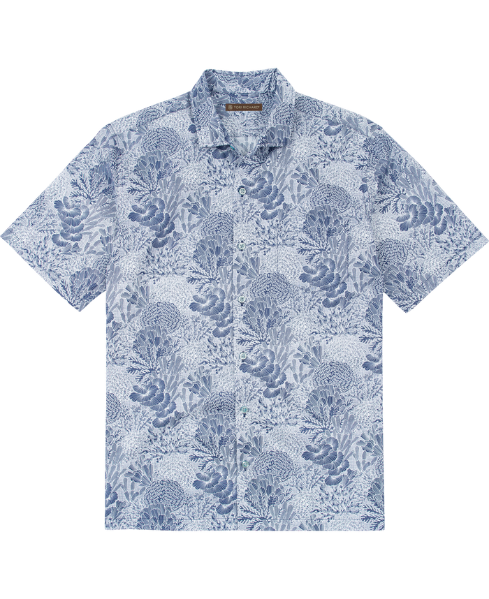Blue and white floral-leaf cotton shirt, intricate pattern, lightweight fabric, front view.