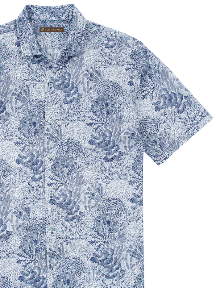 Blue and white botanical-print lightweight cotton button-up shirt, front view.