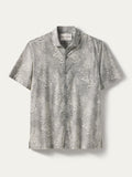 Gray and white floral short-sleeve cotton shirt, front view.