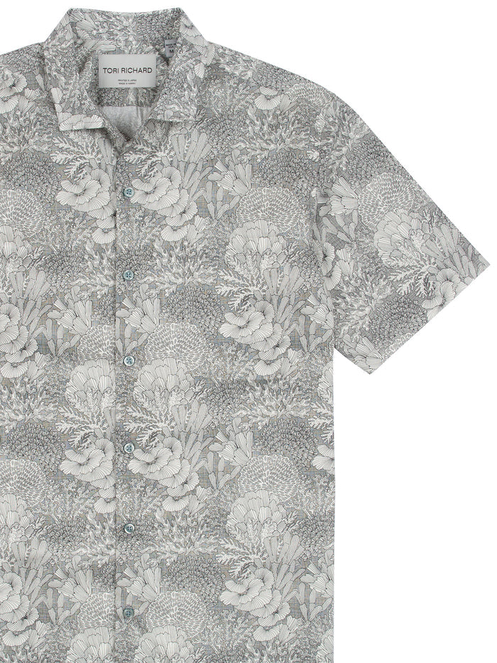 Gray botanical-print short-sleeve button-up shirt, front view.