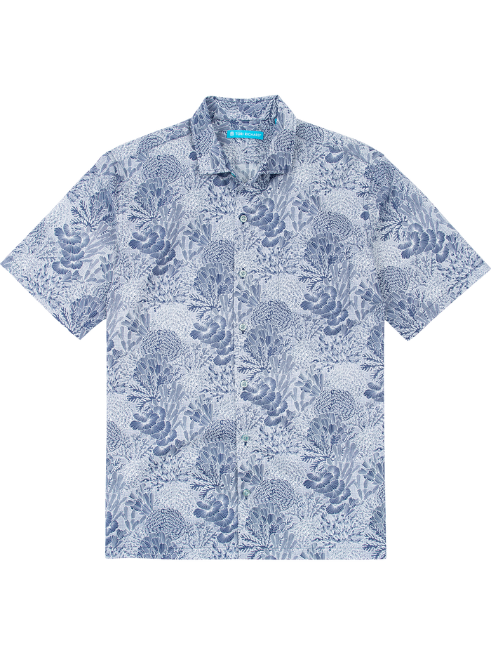 Blue and white floral short-sleeve button-up shirt, flat lay front view shown in both images.