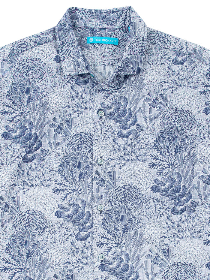 Navy coral reef-patterned white cotton short-sleeve shirt, front detail view (shown in Images 1 & 2).