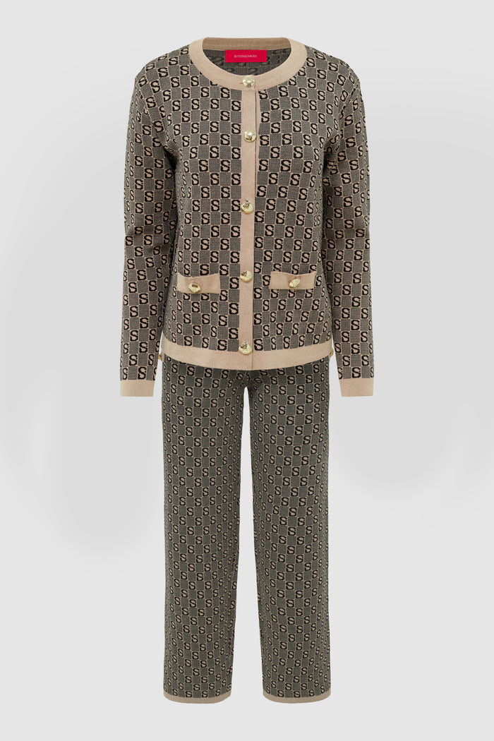 grid cardigan set in brown by buttonscarves