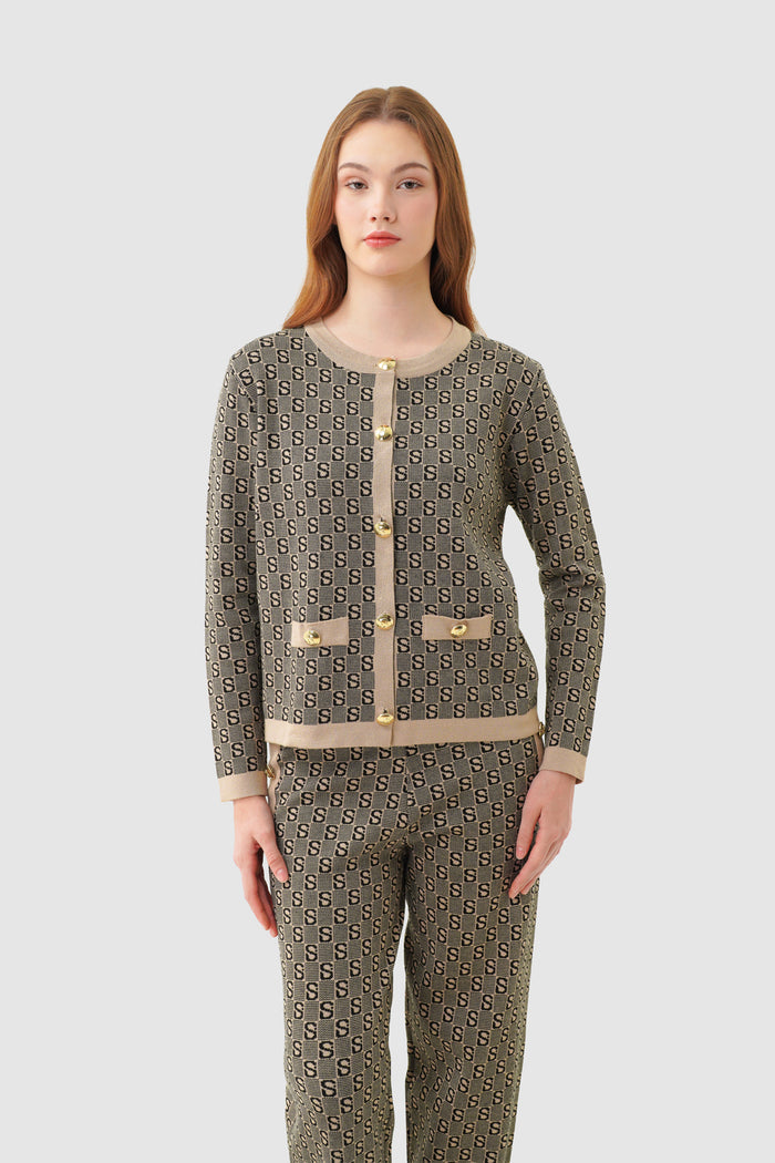 grid cardigan set in brown by buttonscarves front view