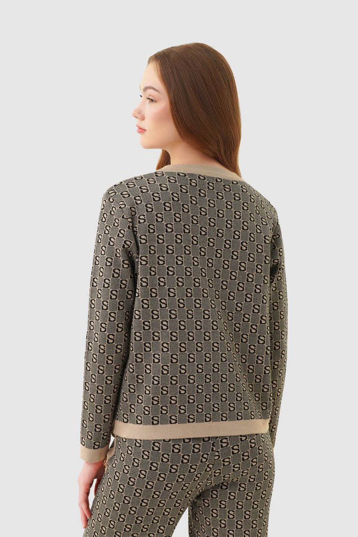 grid cardigan set in brown by buttonscarves back view