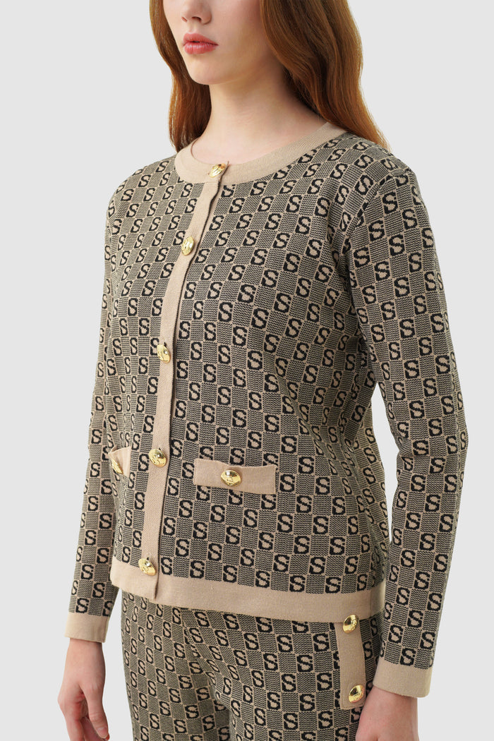 grid cardigan set in brown by buttonscarves pattern detail