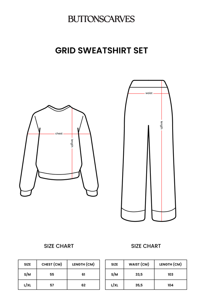 grid sweatshirt set in ivory by buttonscarves size chart