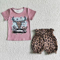 GSSO0089 Cow Skull Pumpkin Top Leopard Shorts Girls Clothes Set