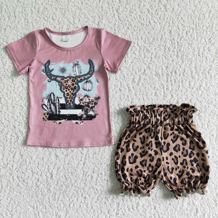 GSSO0089 Cow Skull Pumpkin Top Leopard Shorts Girls Clothes Set