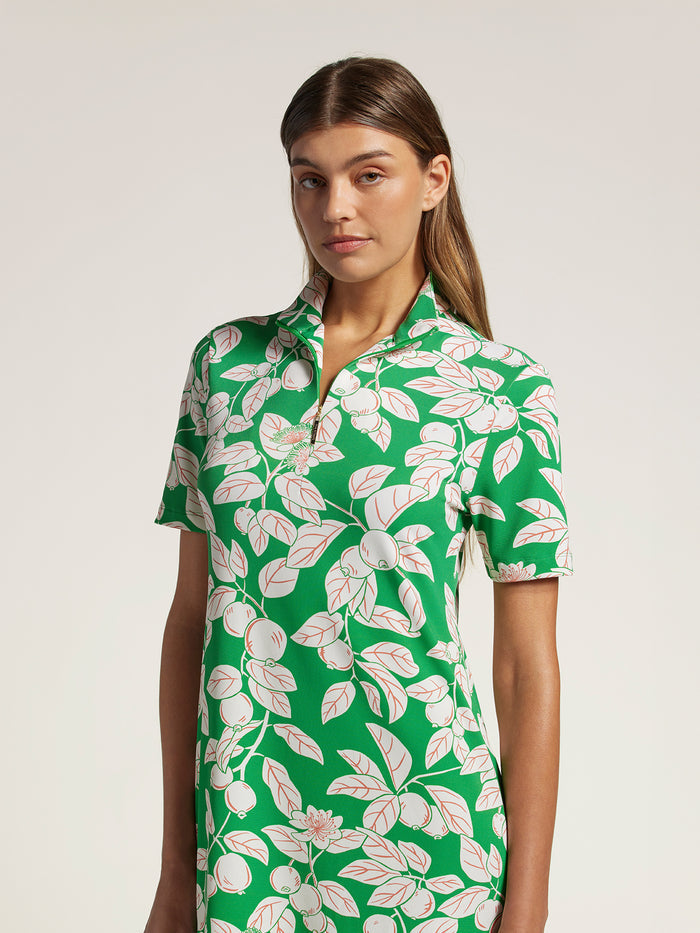 Green leafy floral-print Liandra dress, front view on plain background.