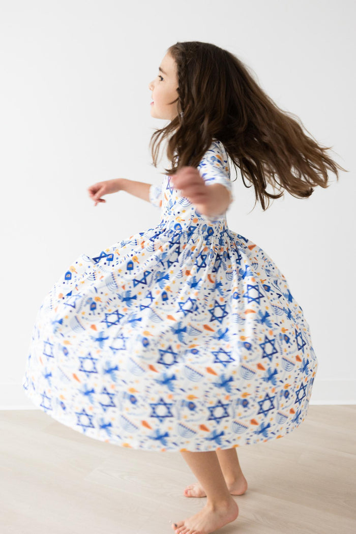 Happy Hanukkah 3/4 Sleeve Pocket Twirl Dress-Mila & Rose ®