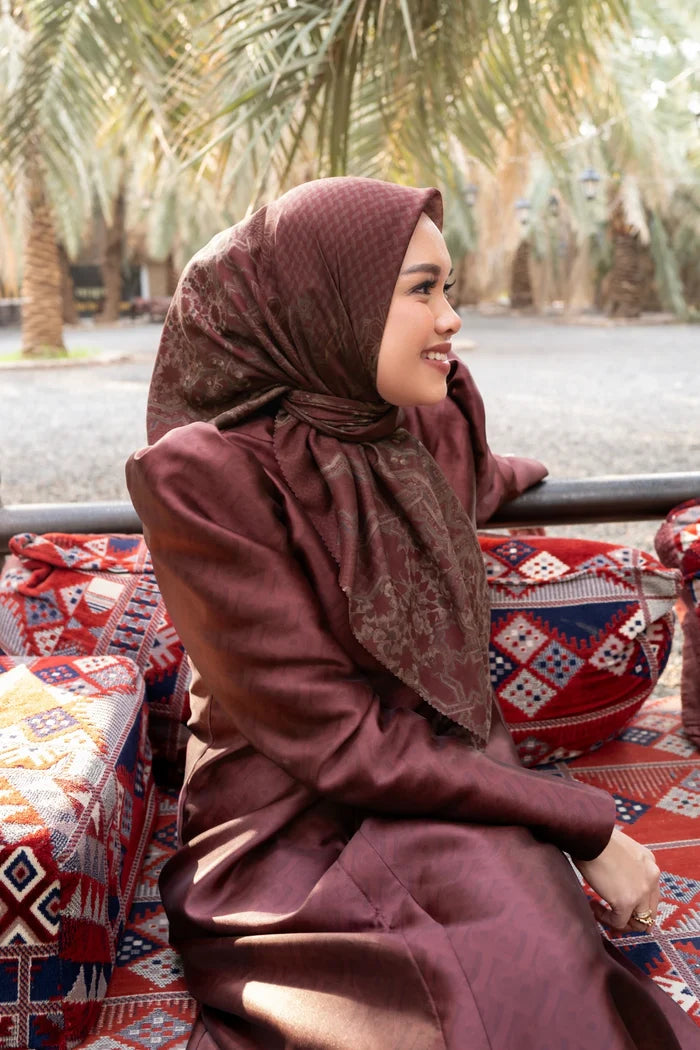 haramain 2 printed square scarf in oud red by buttonscarves style look