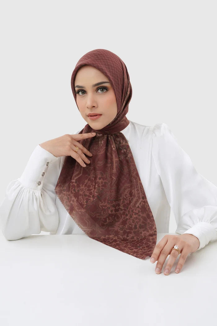 haramain 2 printed square scarf in oud red by buttonscarves front view