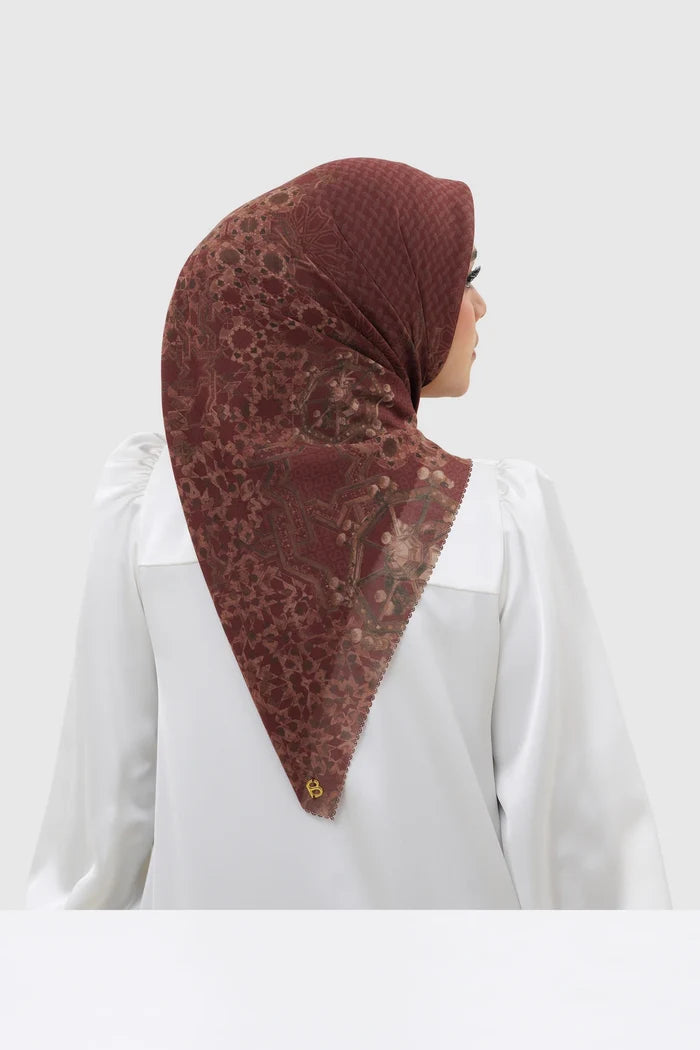 haramain 2 printed square scarf in oud red by buttonscarves back view