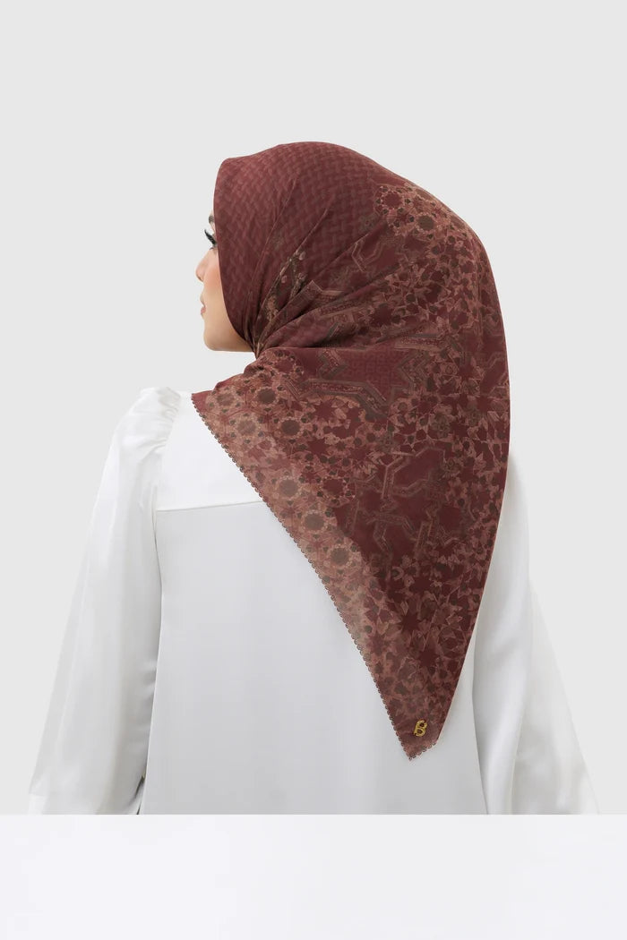 haramain 2 printed square scarf in oud red by buttonscarves back view