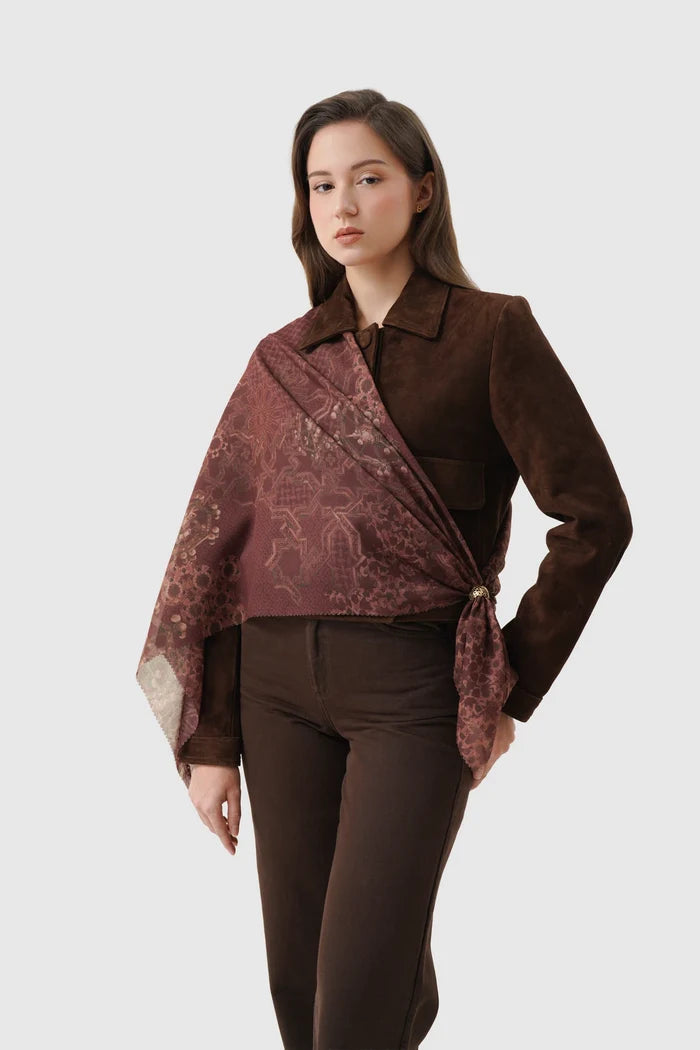 haramain 2 printed square scarf in oud red by buttonscarves style look