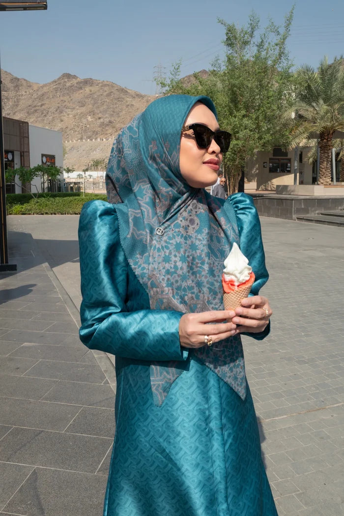 haramain 2 printed square scarf in safa by buttonscarves style look