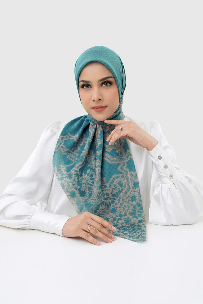 haramain 2 printed square scarf in safa by buttonscarves front view