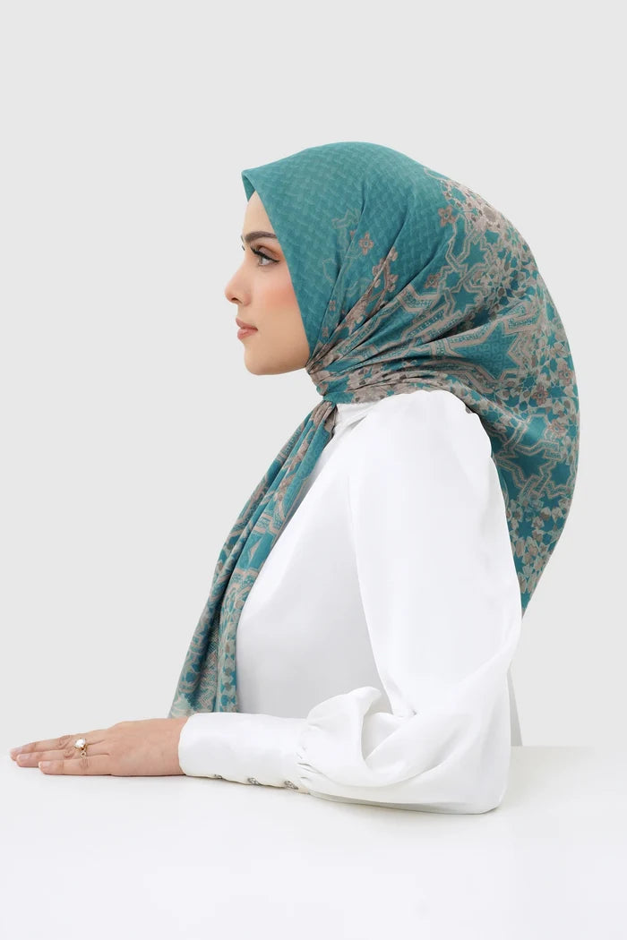 haramain 2 printed square scarf in safa by buttonscarves side view