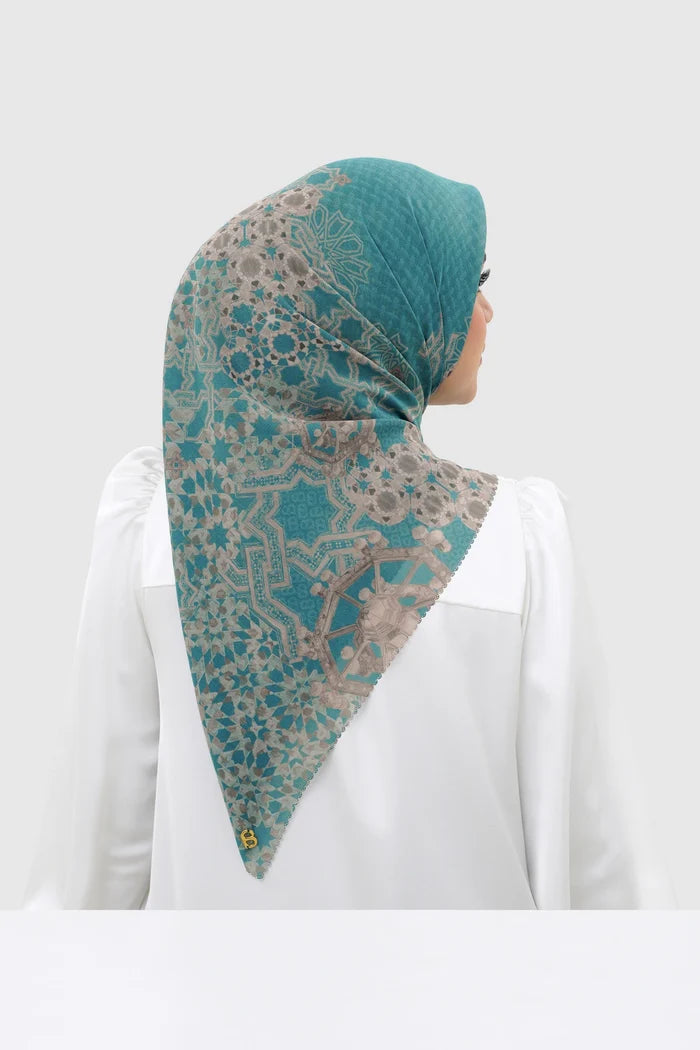 haramain 2 printed square scarf in safa by buttonscarves back view