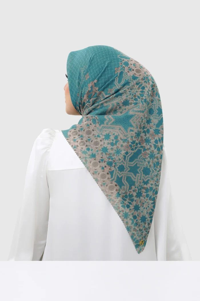haramain 2 printed square scarf in safa by buttonscarves back view