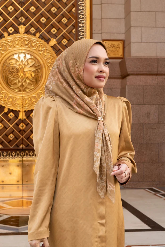 haramain 2 printed square scarf in sandalwood by buttonscarves style look