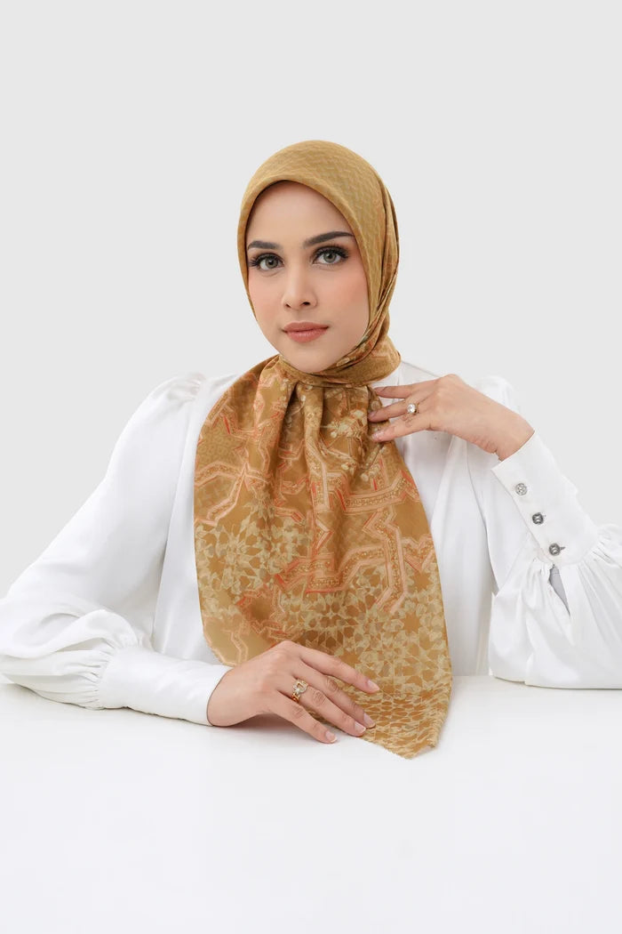 haramain 2 printed square scarf in sandalwood by buttonscarves front view