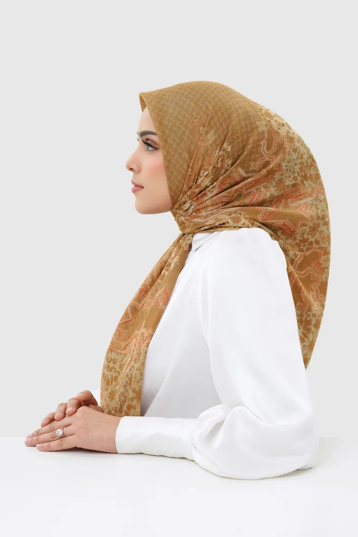 haramain 2 printed square scarf in sandalwood by buttonscarves side view