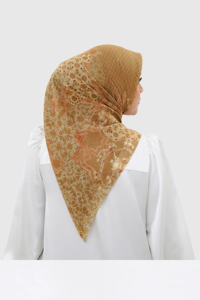 haramain 2 printed square scarf in sandalwood by buttonscarves back view