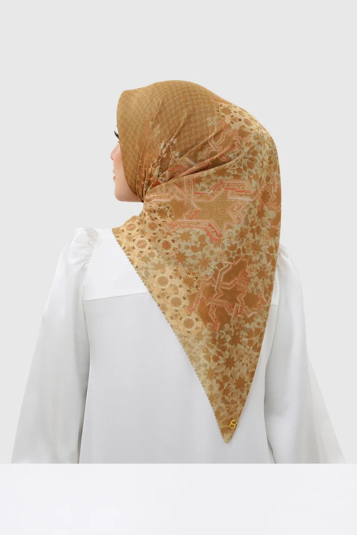 haramain 2 printed square scarf in sandalwood by buttonscarves back view