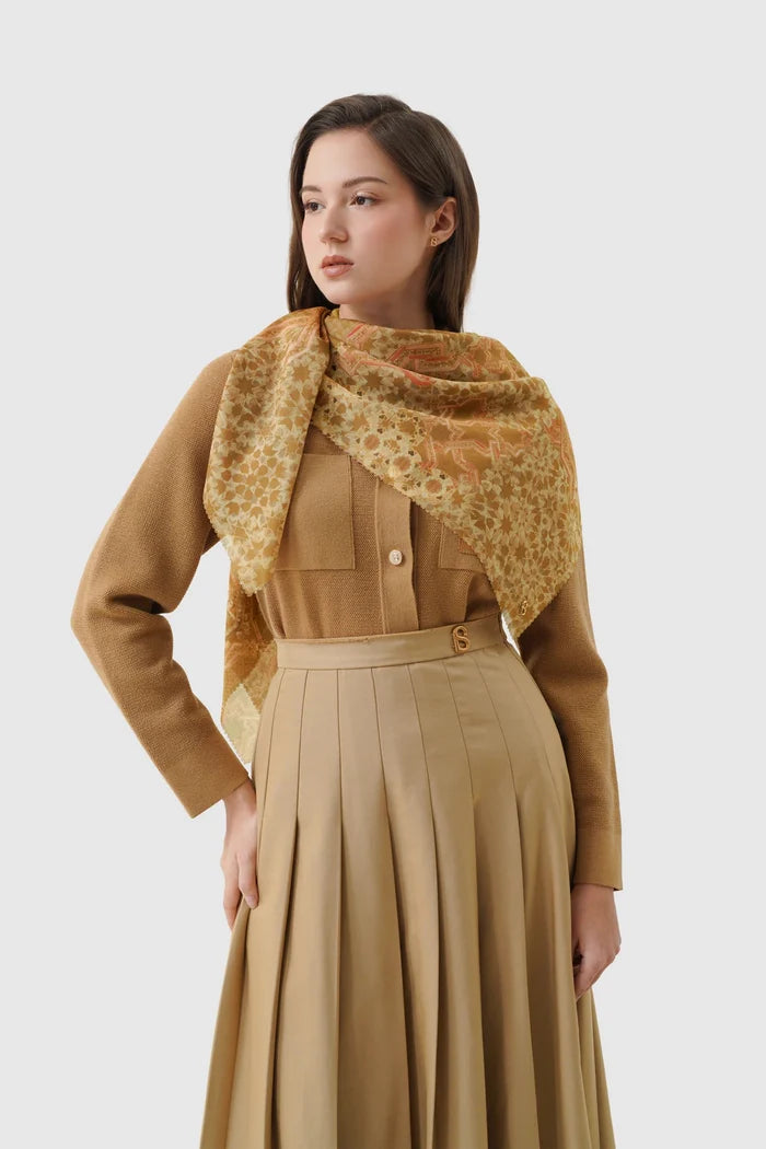 haramain 2 printed square scarf in sandalwood by buttonscarves style look