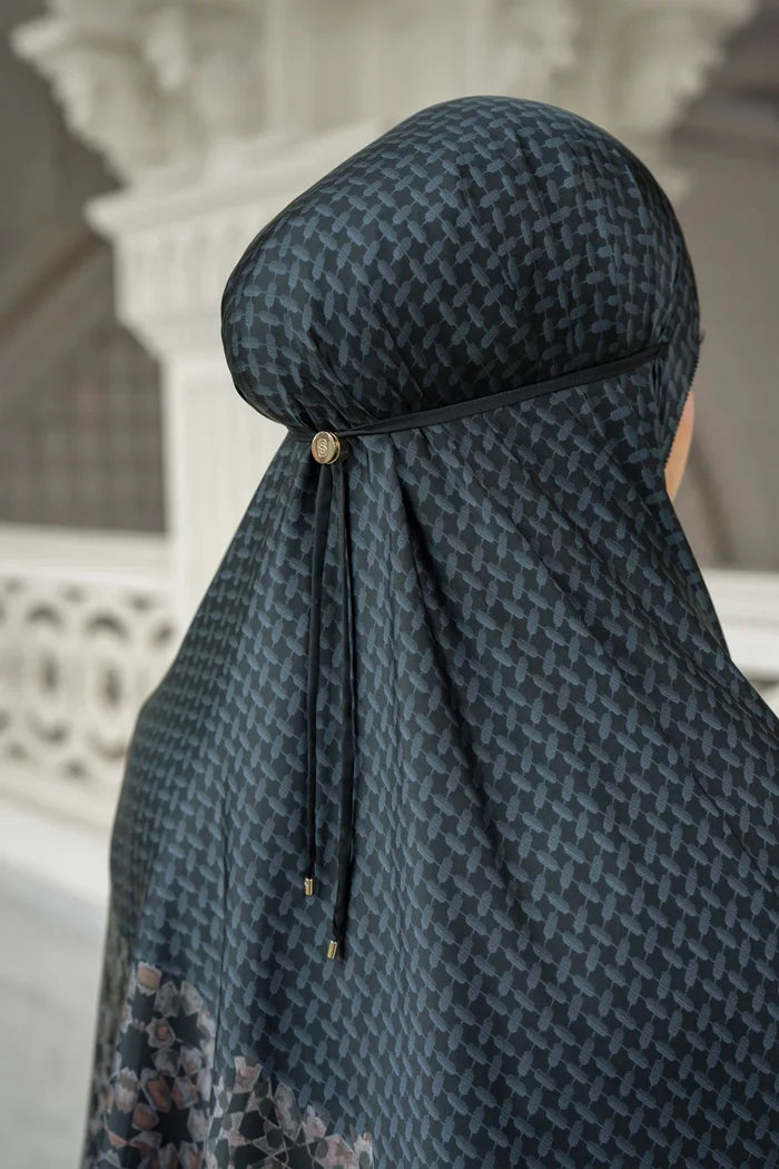 haramain 2 prayer robe in dates by buttonscarves back view close-up