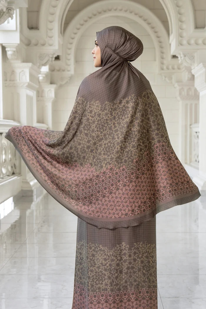 haramain 2 prayer robe in pecan by buttonscarves back view