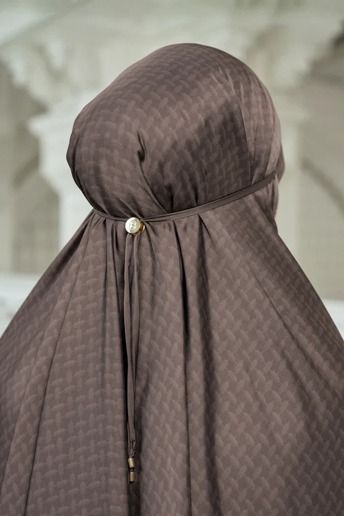 haramain 2 prayer robe in pecan by buttonscarves back view detail close-up