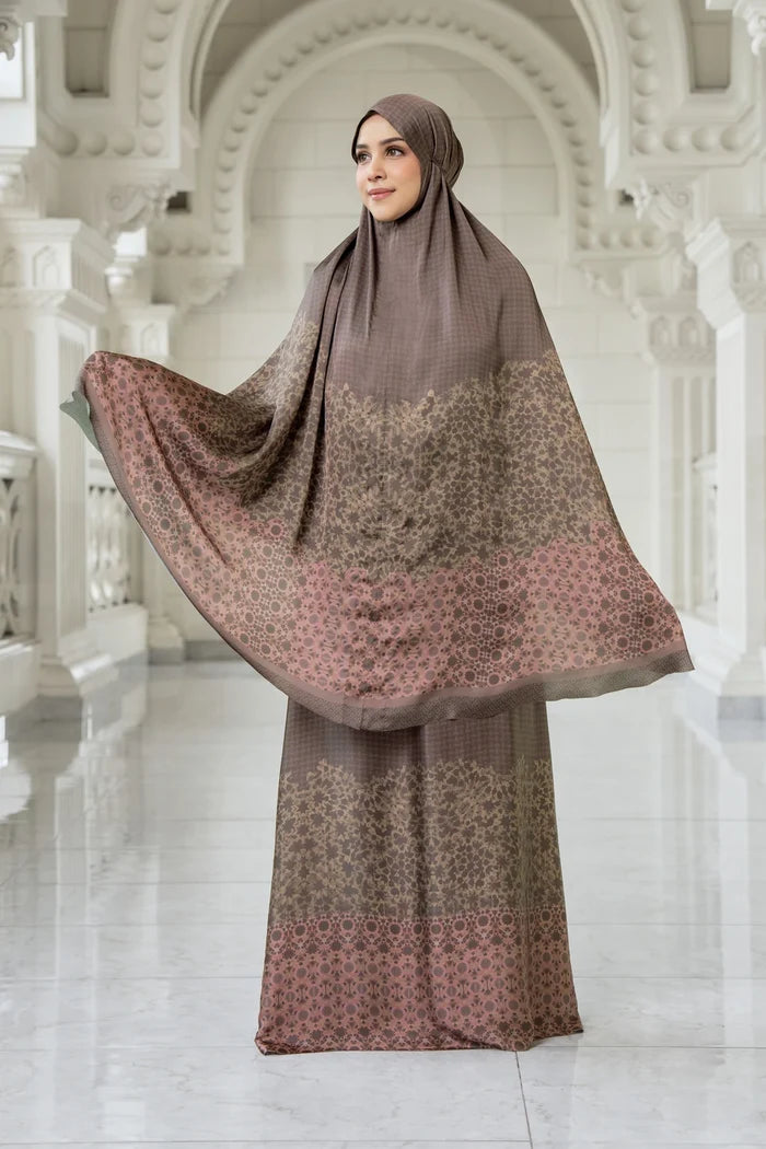 haramain 2 prayer robe in pecan by buttonscarves front view