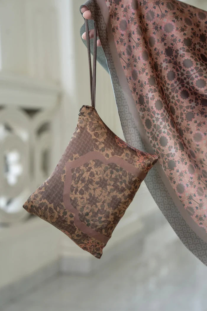 haramain 2 prayer robe in pecan by buttonscarves pouch detail