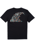 Black Pima cotton t-shirt with Hawaii sea creatures wave graphic, back view.