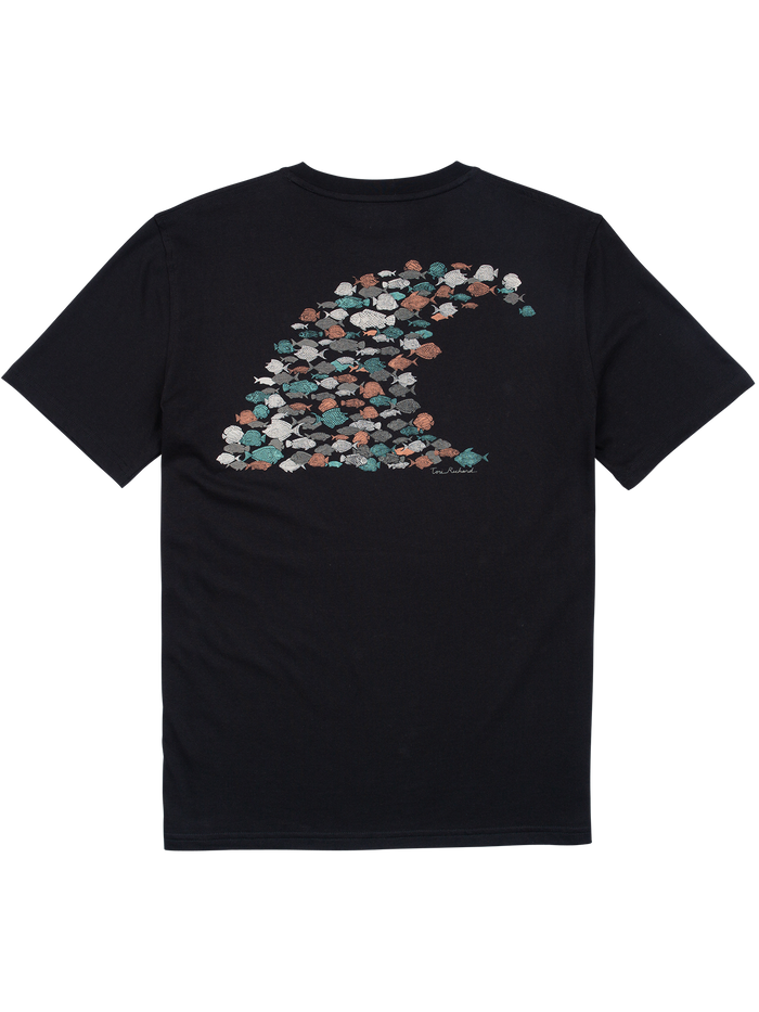 Black Pima cotton t-shirt with Hawaii sea creatures wave graphic, back view.