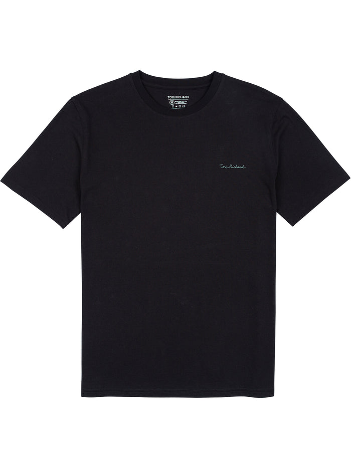 Black solid short-sleeve T-shirt with small chest logo, flat lay on white background.