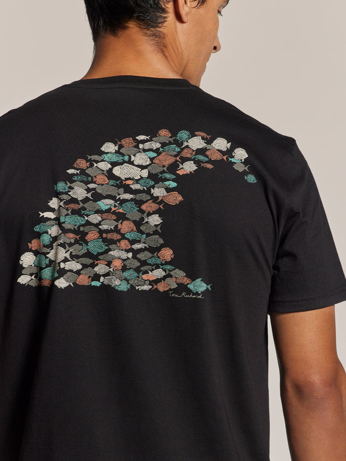 Black T-shirt with colorful sea creature wave graphic, men's fit, front view.