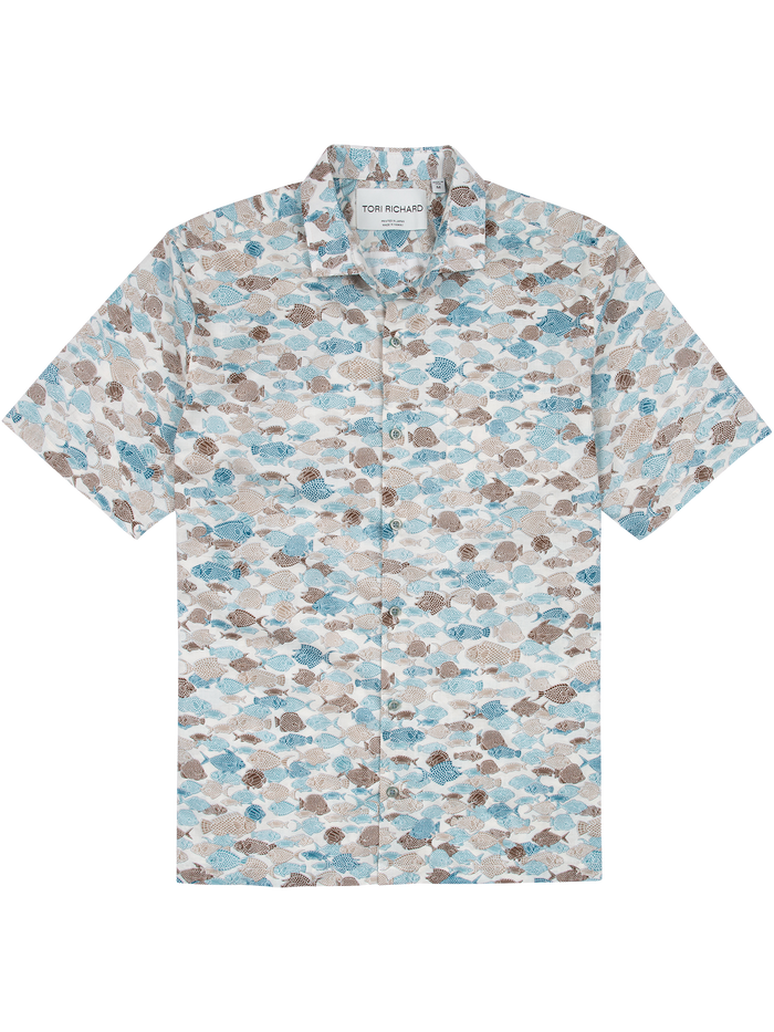 Off-White Hawaiian shirt with blue and tan fish print, short sleeves, flat lay front view.