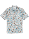 Off-White Hawaiian shirt with blue and tan fish print, short sleeves, flat lay front view.