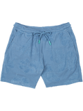 Light blue jacquard terry shorts with subtle floral pattern and drawstring waist, front view.