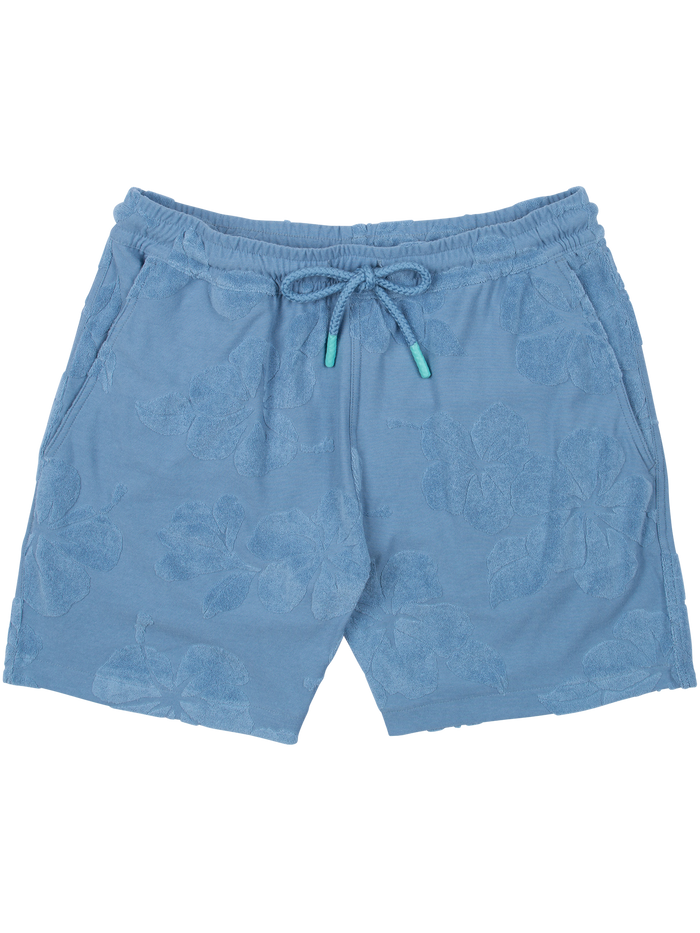 Light blue jacquard terry shorts with subtle floral pattern and drawstring waist, front view.