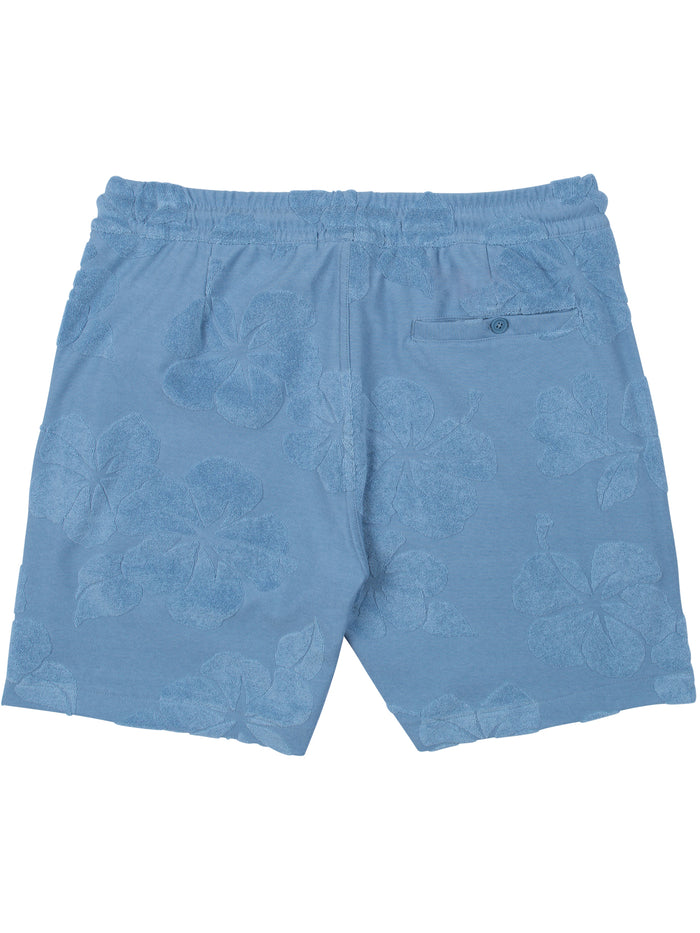 Light blue floral jacquard terry shorts with elastic waist and buttoned back pocket, side and back views.