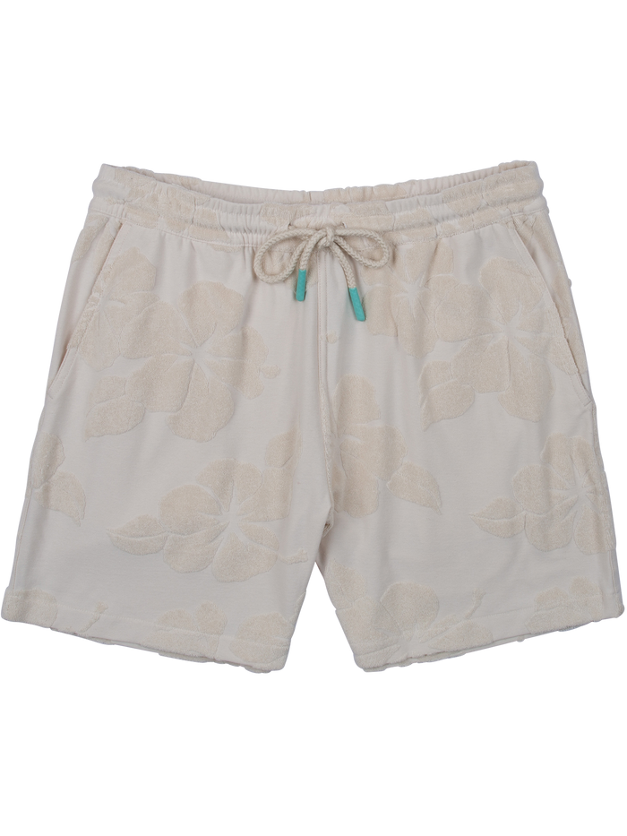 Beige floral jacquard terry shorts with drawstring waist and teal tips, front view.
