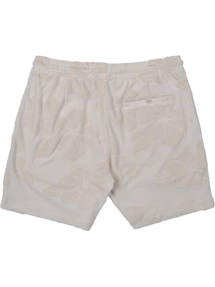 Beige hibiscus-print shorts, elastic waist, back pocket; shown from front and back views.
