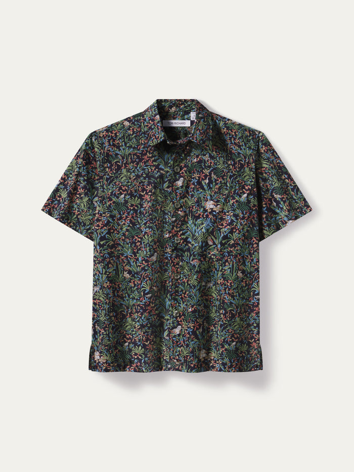 Multicolor floral and leaf-print short-sleeve cotton shirt, front view shown in Images 1 and 2.